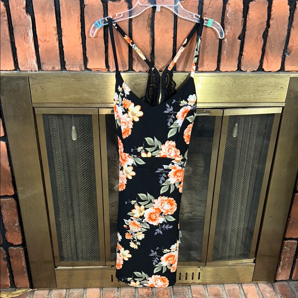 Almost Famous Black Dress with Orange Floral Design